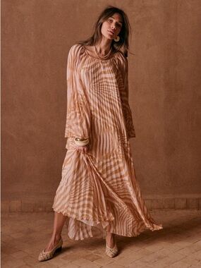Sézane Julietta Maxi Dress Accordion Pleat Neutral Zebra Print